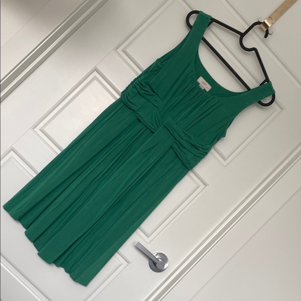 LOFT Green Ruched Tie Front Midi Sundress